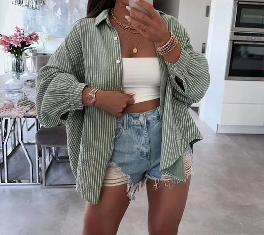 Striped printed cotton gauze shirt